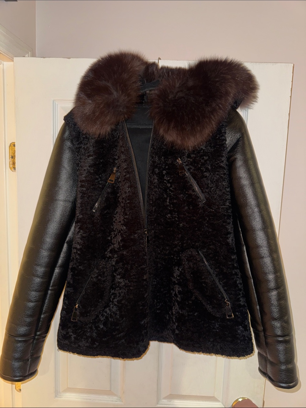 Women’s Black Faux-Shearling Jacket with Leather-Look Sleeves and Fur-Trim Hood
